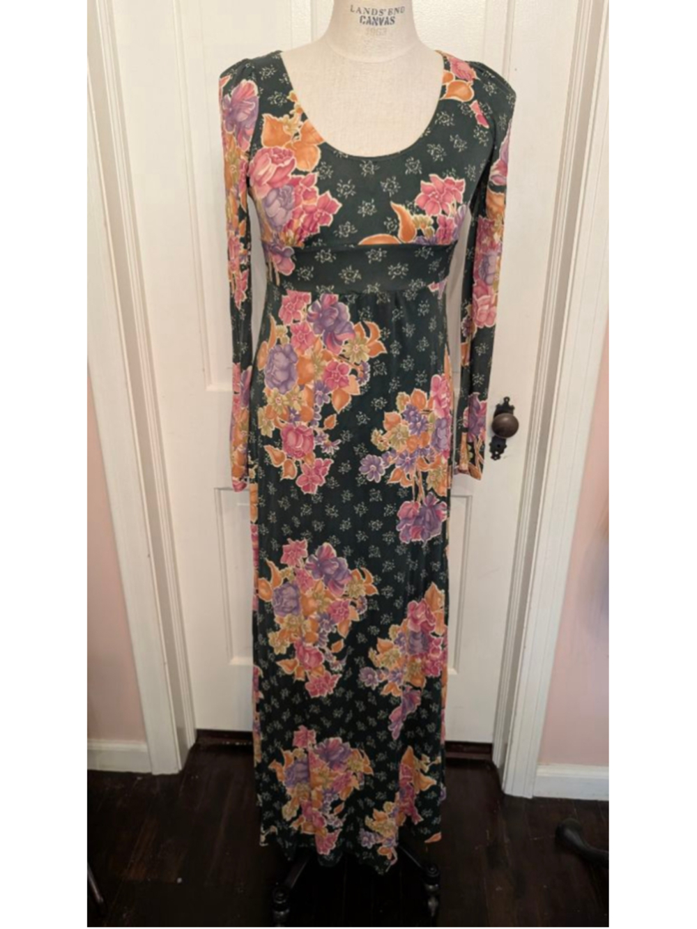 vintage 70s Phase ll Green Floral Maxi Dress Juniors 9